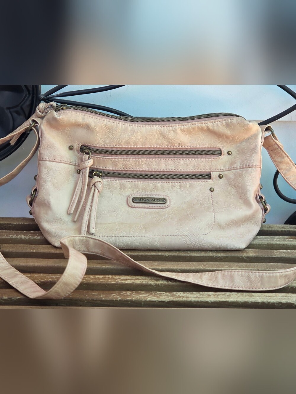 Stone & Co Blush Pink Floral Embossed Multi Pocket Crossbody Bag Vegan Leather
